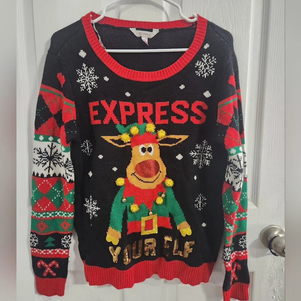 Ugly sweater express your elf bells poms craftcore patchwork christmas party LG
